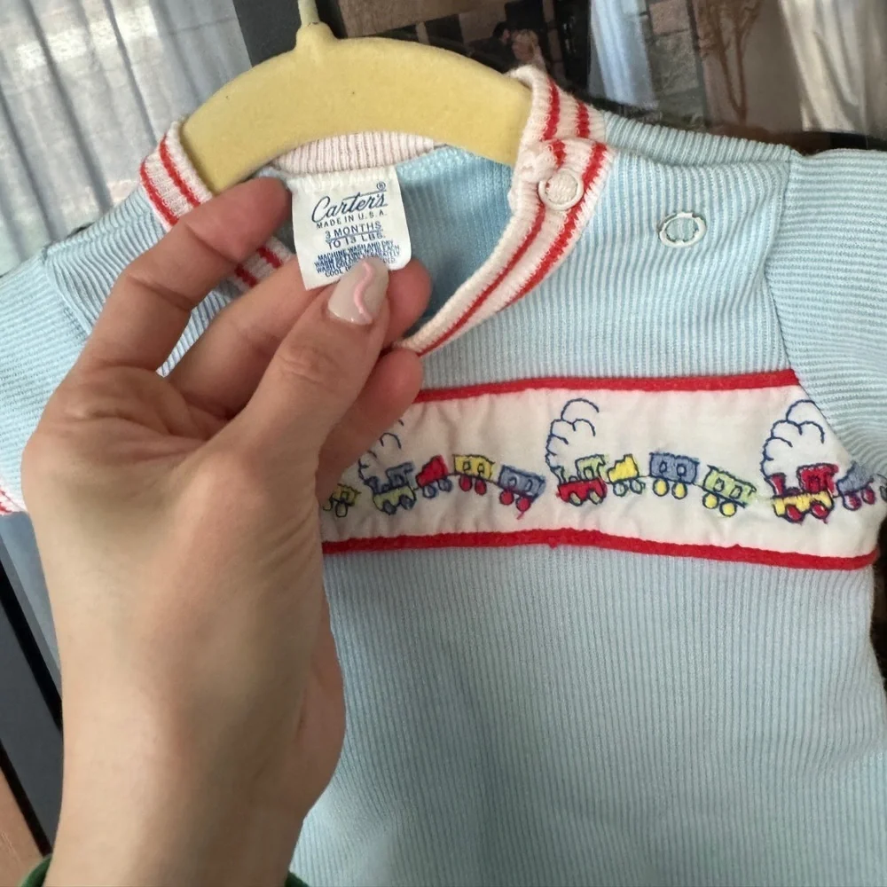 Vintage 90s Carter’s bubble romper embroidered train baby boy corduroy shortall